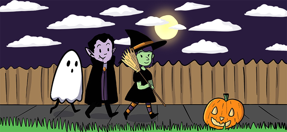 illustration of children walking in Halloween costumes